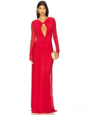 Misha The Irina Cutout Keyhole Front Long Sleeve Maxi Gown Dress in Cherry Red